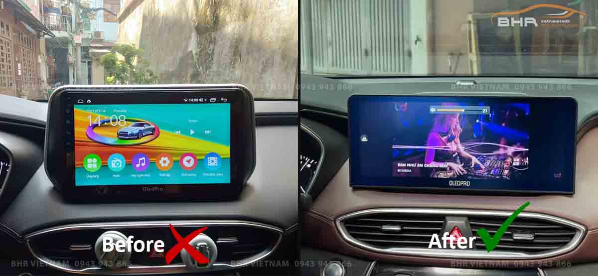 Hình ảnh trước và sau khi lắp màn hình Android 12.3 inch Hyundai Santafe 2018-nay
