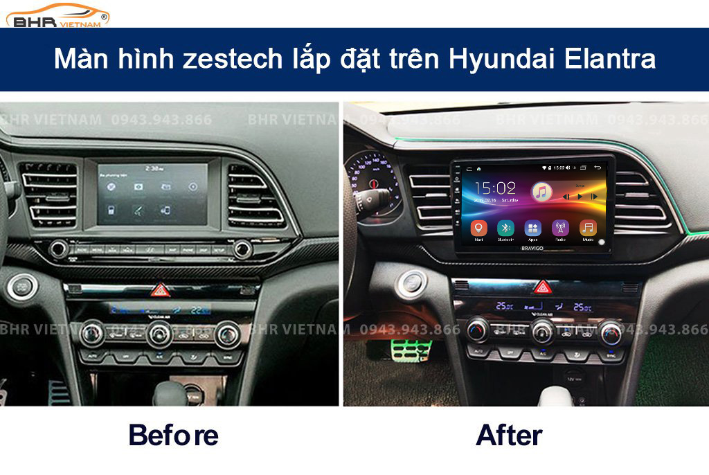 Hình ảnh trước và sau khi lắp màn hình DVD Bravigo Air 2 Hyundai Elantra 2016 - nay