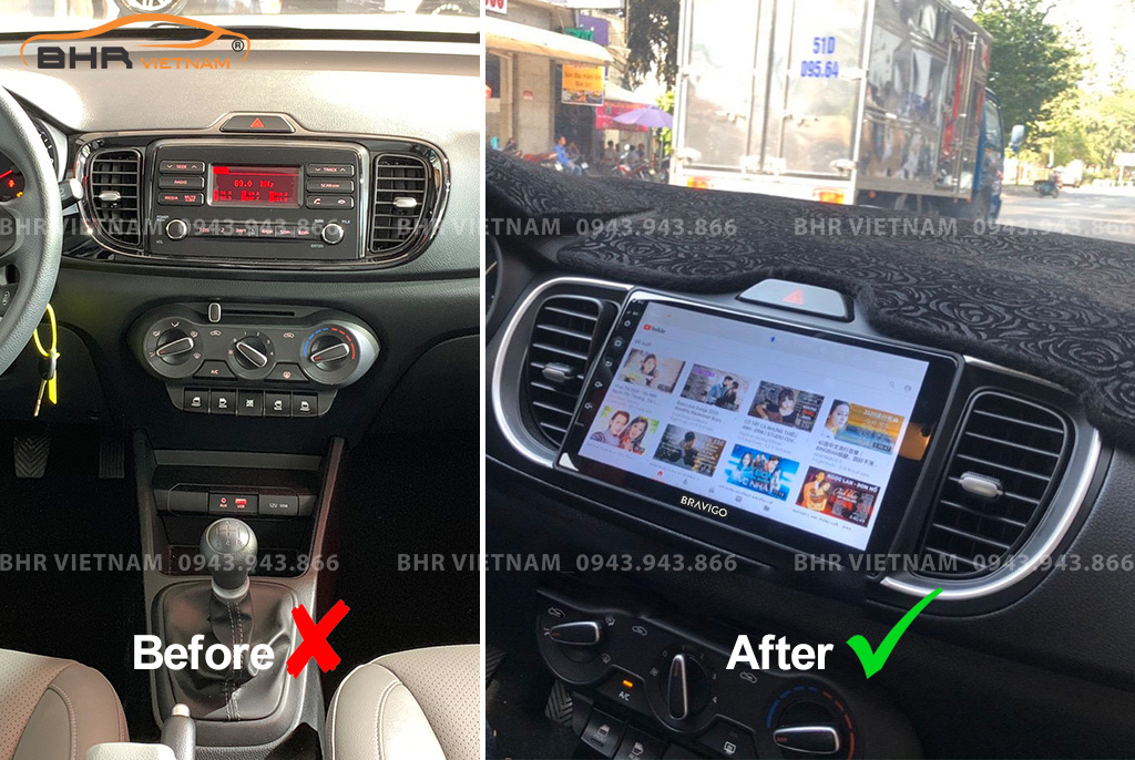 Hình ảnh trước và sau khi lắp màn hình DVD Bravigo Air 2 Kia Soluto 2019 - nay