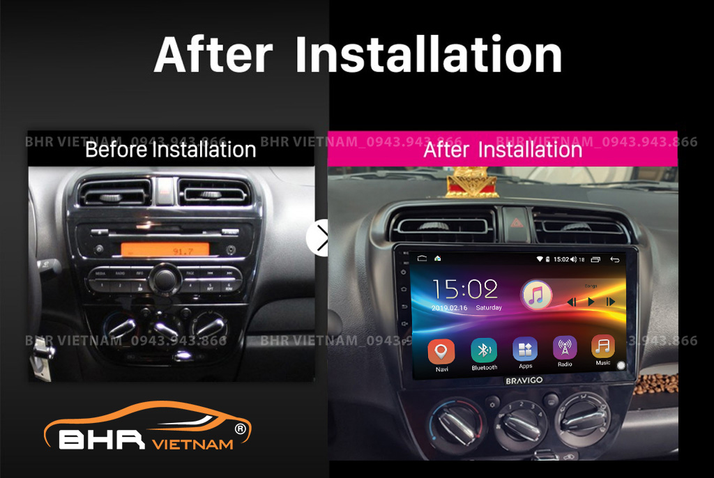 Hình ảnh trước và sau khi lắp màn hình DVD Bravigo Air 2 Mitsubishi Mirage 2013 - 2020