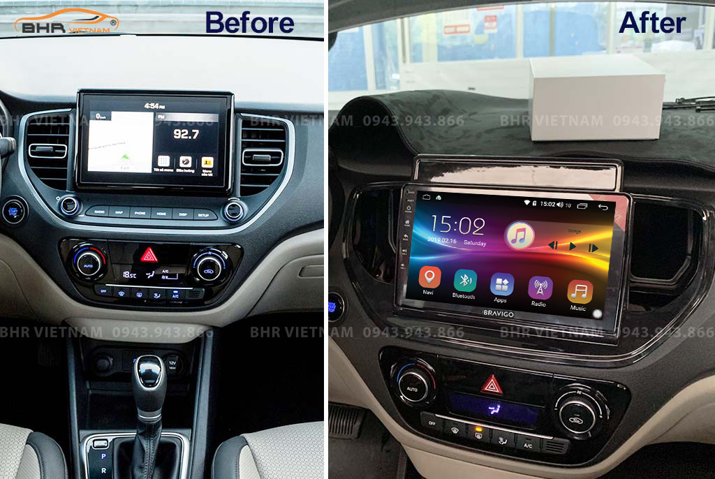 Hình ảnh trước và sau khi lắp màn hình DVD Bravigo Pro 2 Hyundai Accent 2021 - nay