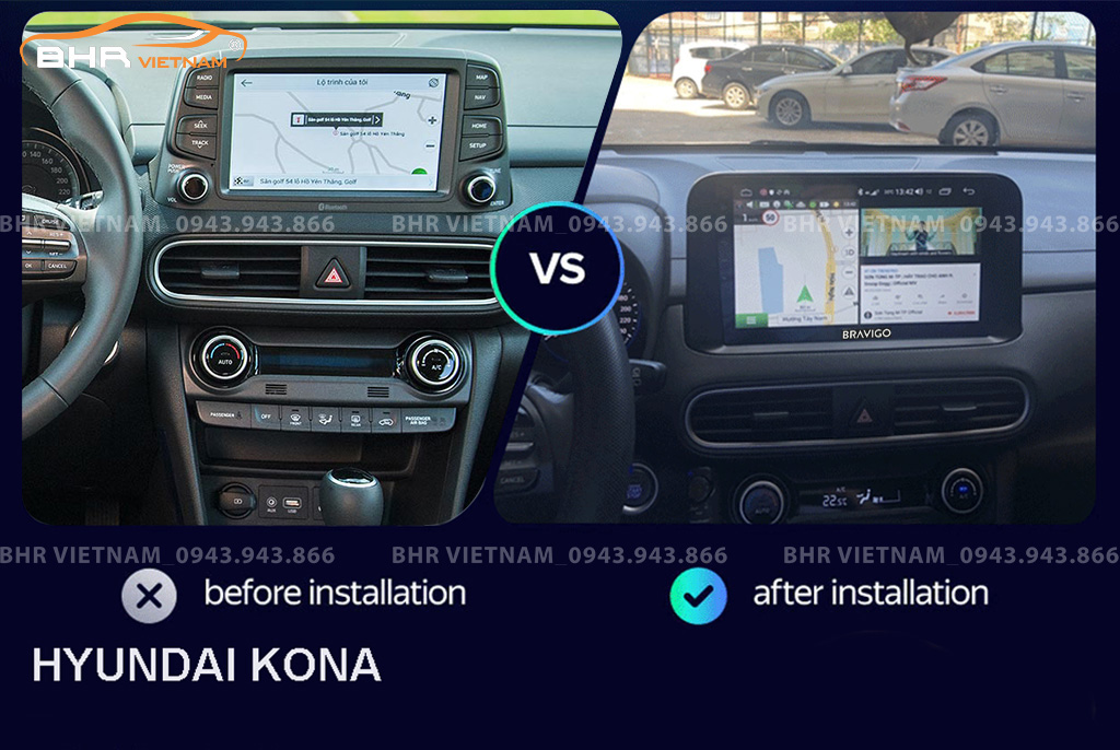 Hình ảnh trước và sau khi lắp màn hình DVD Bravigo Pro 2 Hyundai Kona 2018 - nay