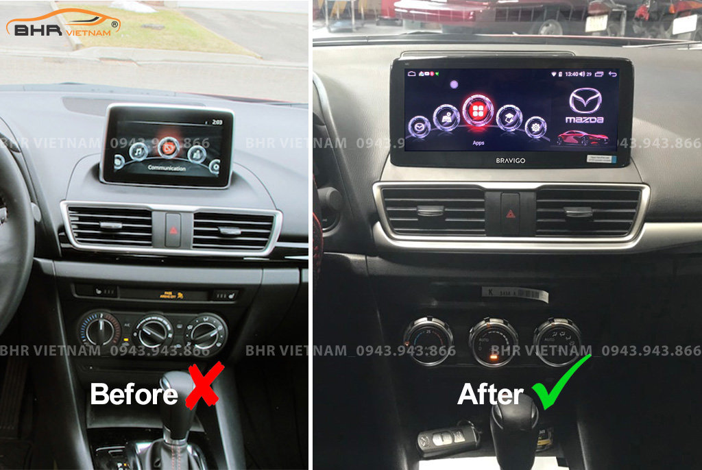 Hình ảnh trước và sau khi lắp màn hình DVD Bravigo Mazda 3 2014 - 2019