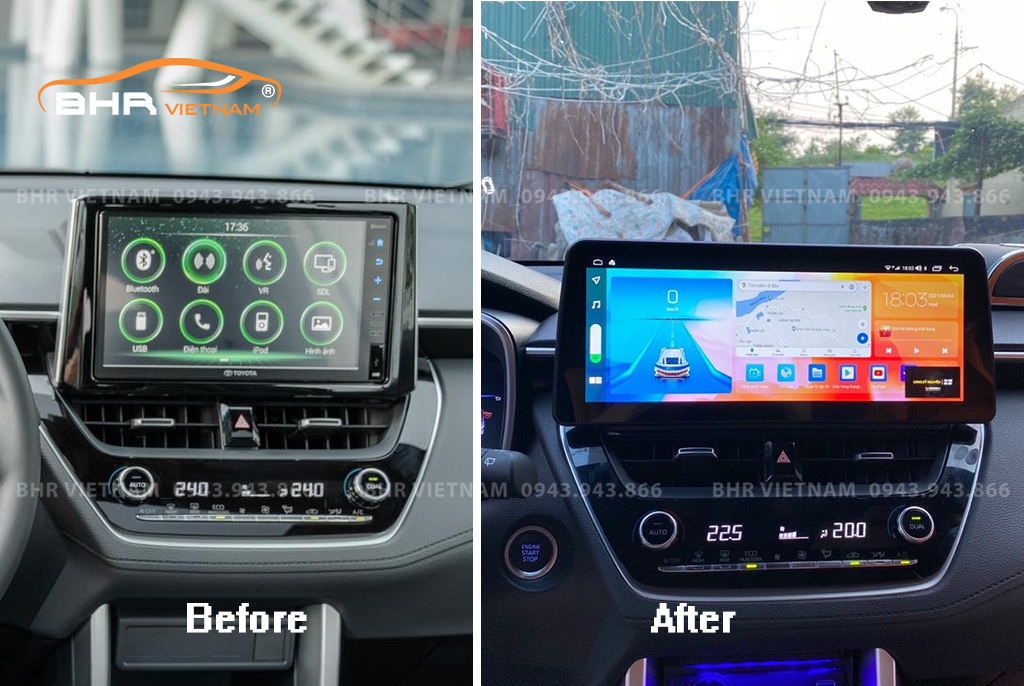 Hình ảnh trước và sau khi lắp màn hình Android Bravigo Toyota Cross 2020 - nay
