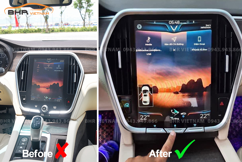 Hình ảnh trước và sau khi lắp màn hình Android Bravigo Vinfast Lux SA 2019 - nay