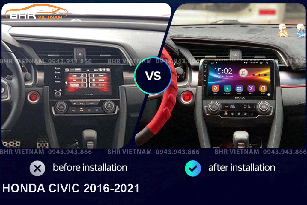 Hình ảnh trước và sau khi lắp màn hình DVD Bravigo Ultimate Honda Civic 2017 - nay