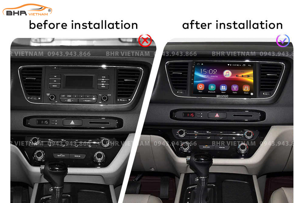 Hình ảnh trước và sau khi lắp màn hình DVD Bravigo Ultimate Kia Sedona 2015 - nay
