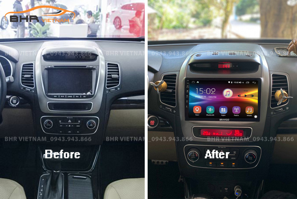 Hình ảnh trước và sau khi lắp màn hình DVD Bravigo Ultimate Kia Sorento 2014 - 2020