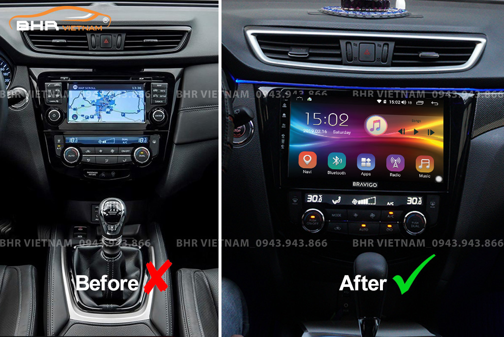 Hình ảnh trước và sau khi lắp màn hình DVD Bravigo Ultimate Nissan Xtrail 2017 - nay