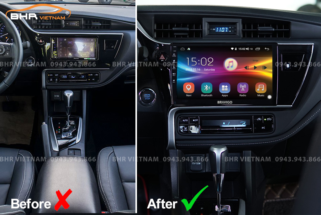 Hình ảnh trước và sau khi lắp màn hình DVD Bravigo Ultimate Toyota Altis 2018 - nay