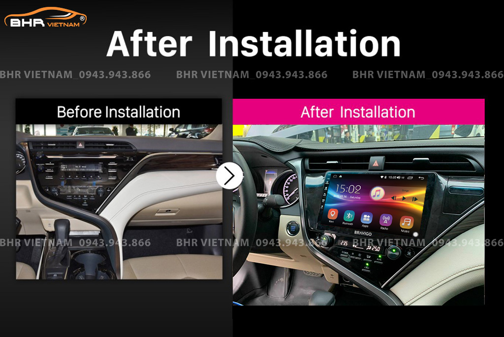 Hình ảnh trước và sau khi lắp màn hình DVD Bravigo Ultimate Toyota Camry 2019 - nay