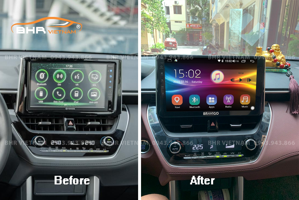 Hình ảnh trước và sau khi lắp màn hình DVD Bravigo Ultimate Toyota Cross 2020 - nay