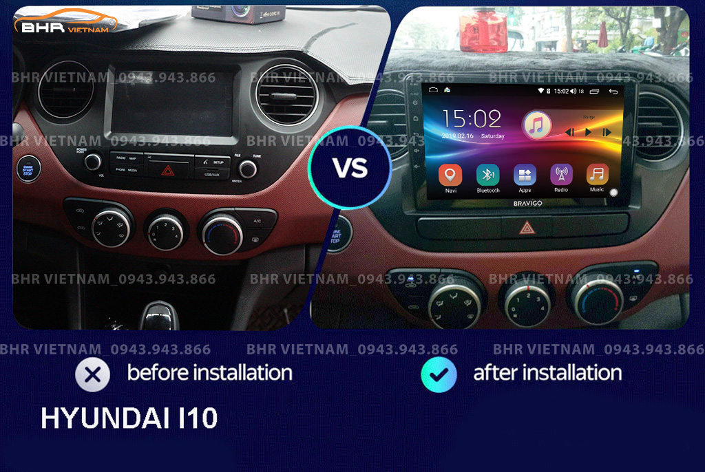 Hình ảnh trước và sau khi lắp màn hình DVD Bravigo Ultimate Hyundai i10 2014 - 2020