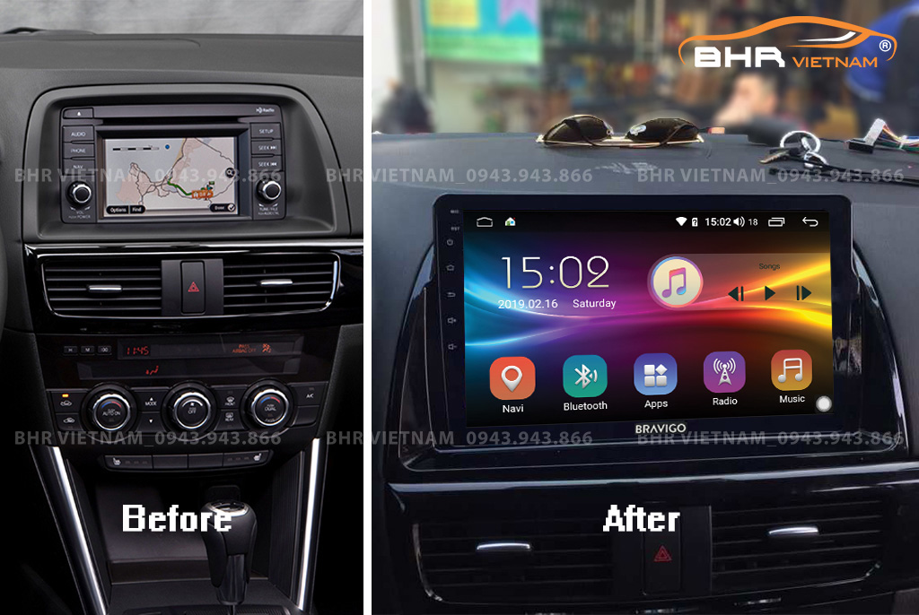 Hình ảnh trước và sau khi lắp màn hình DVD Bravigo Ultimate Mazda CX5 2013 - 2016