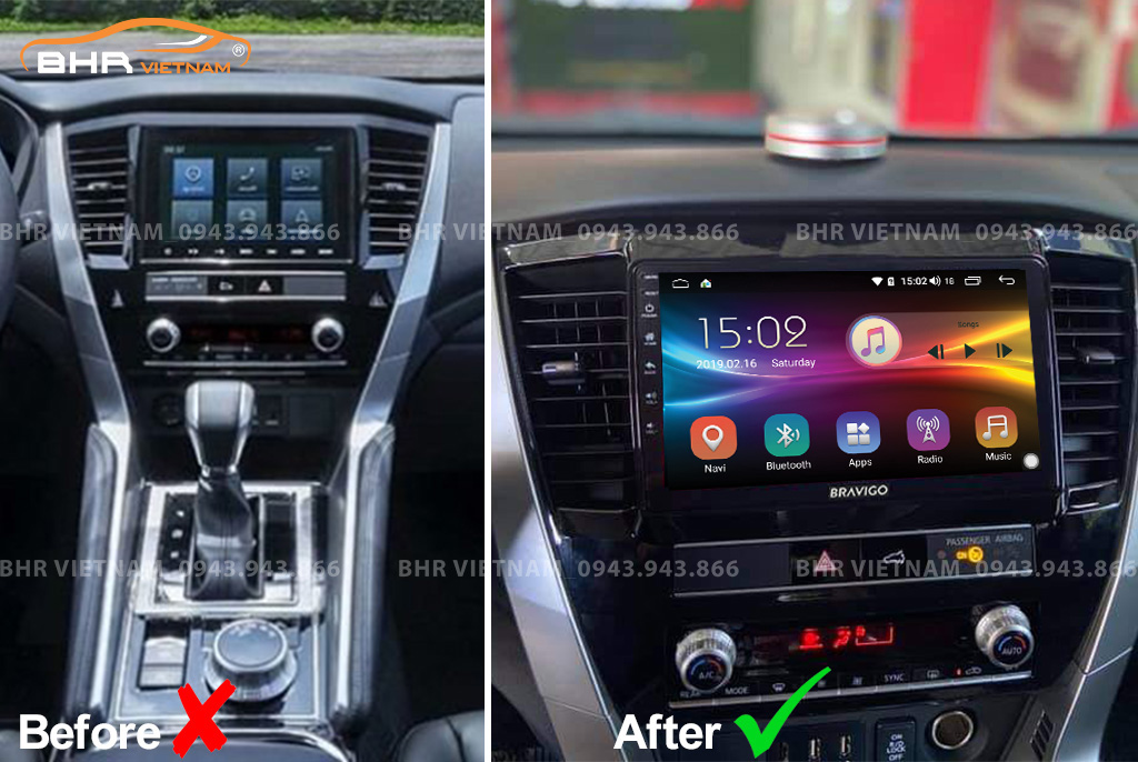 Hình ảnh trước và sau khi lắp màn hình DVD Bravigo Ultimate Mitsubishi Pajero Sport 2018 - nay
