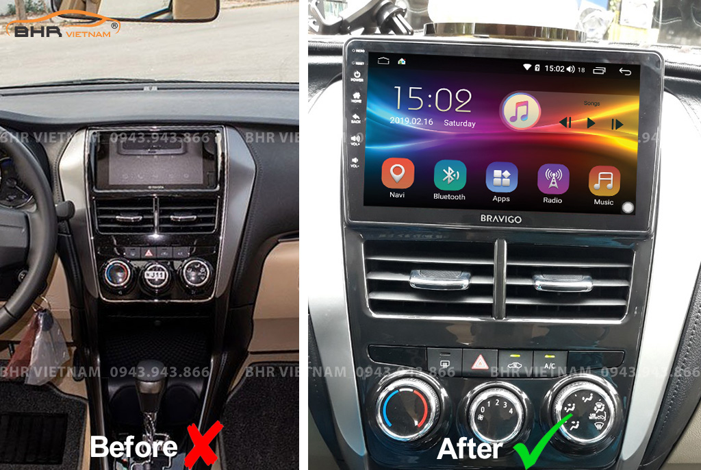 Hình ảnh trước và sau khi lắp màn hình DVD Bravigo Ultimate Toyota Yaris 2019 - nay