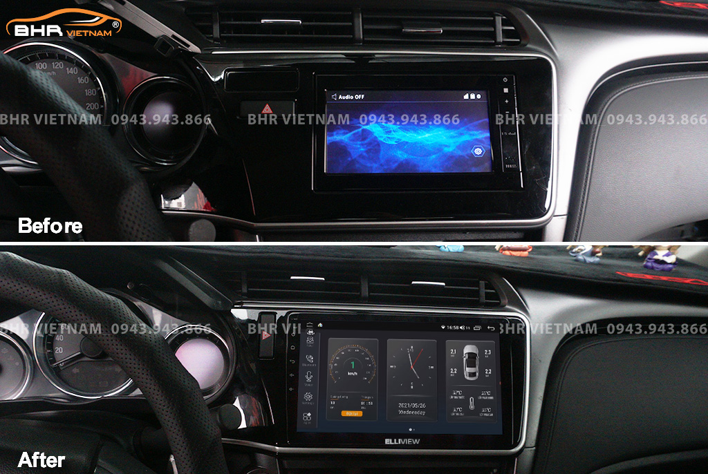 Hình ảnh trước và sau khi lắp màn hình DVD Elliview S4 Basic Honda City 2018 - 2020