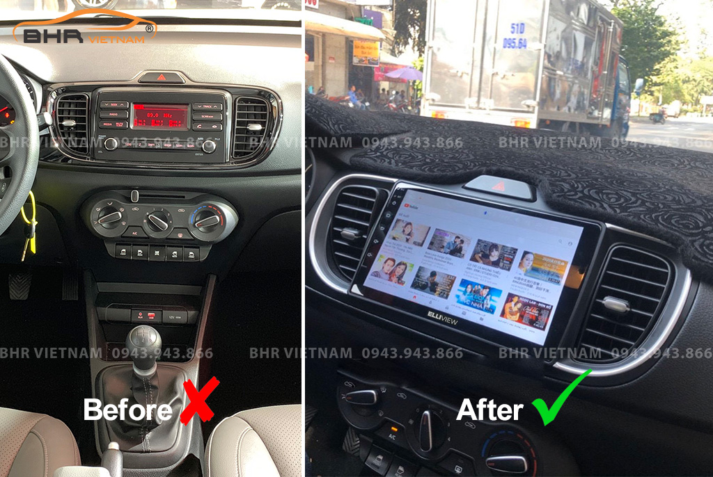 Hình ảnh trước và sau khi lắp màn hình DVD Elliview S4 Basic Kia Soluto 2019 - nay