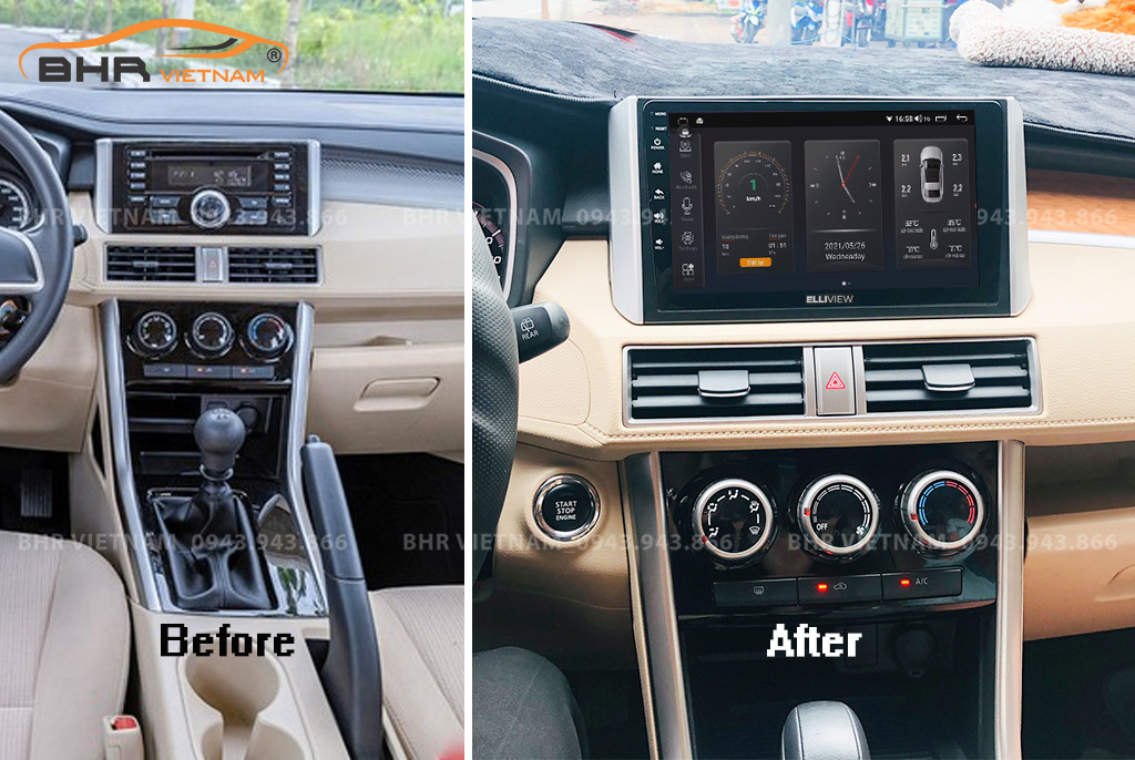 Hình ảnh trước và sau khi lắp màn hình DVD Elliview S4 Basic Mitsubishi Xpander 2018 - nay