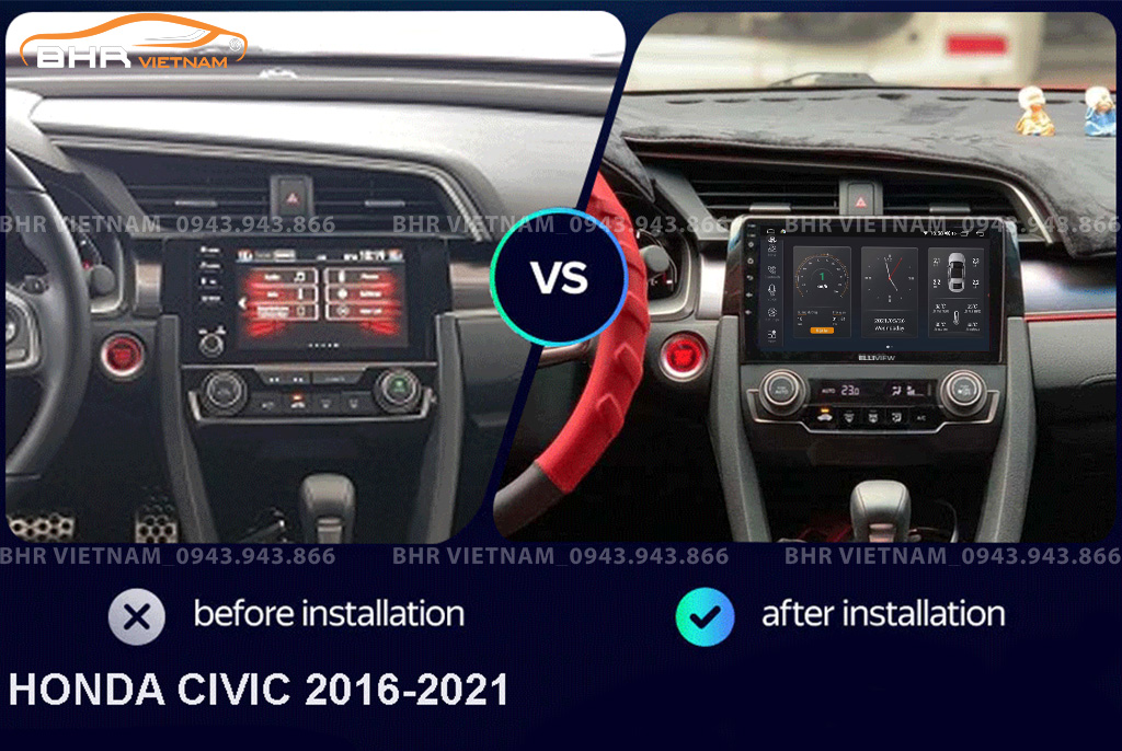 Hình ảnh trước và sau khi lắp màn hình DVD Elliview S4 Deluxe Honda Civic 2017 - nay