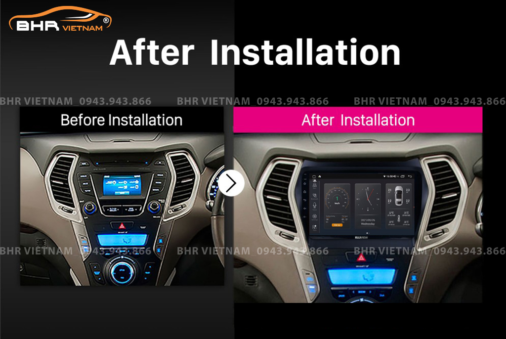 Hình ảnh trước và sau khi lắp màn hình DVD Elliview S4 Deluxe Hyundai Santafe 2012 - 2018