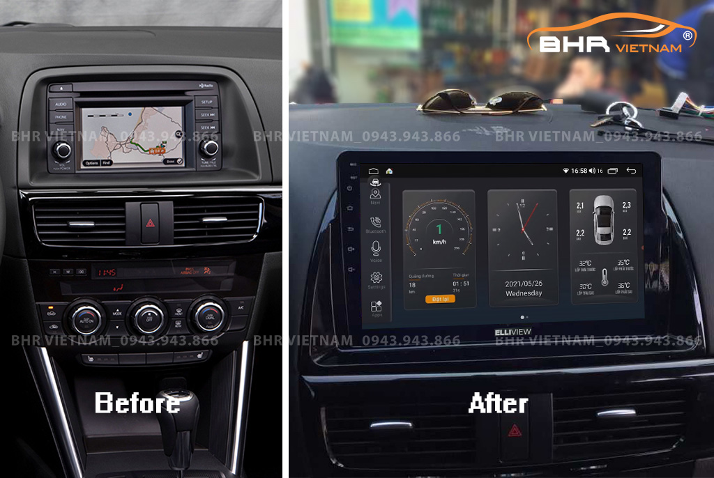 Hình ảnh trước và sau khi lắp màn hình DVD Elliview S4 Deluxe Mazda CX5 2013 - 2016