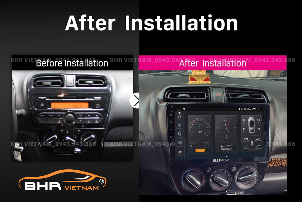 Hình ảnh trước và sau khi lắp màn hình DVD Elliview S4 Deluxe Mitsubishi Mirage 2013 - 2020