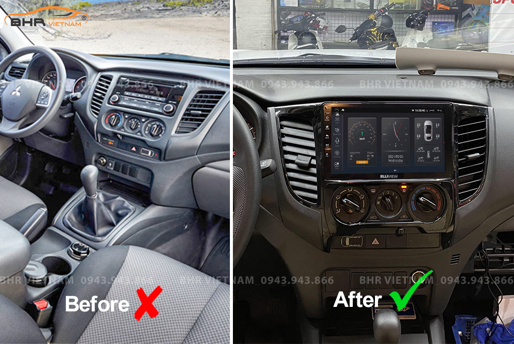 Hình ảnh trước và sau khi lắp màn hình DVD Elliview S4 Deluxe Mitsubishi Triton 2020 - nay