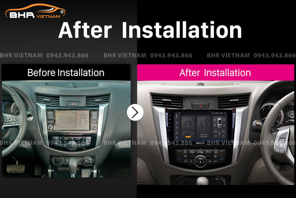 Hình ảnh trước và sau khi lắp màn hình DVD Elliview S4 Deluxe Nissan Navara 2021 - nay
