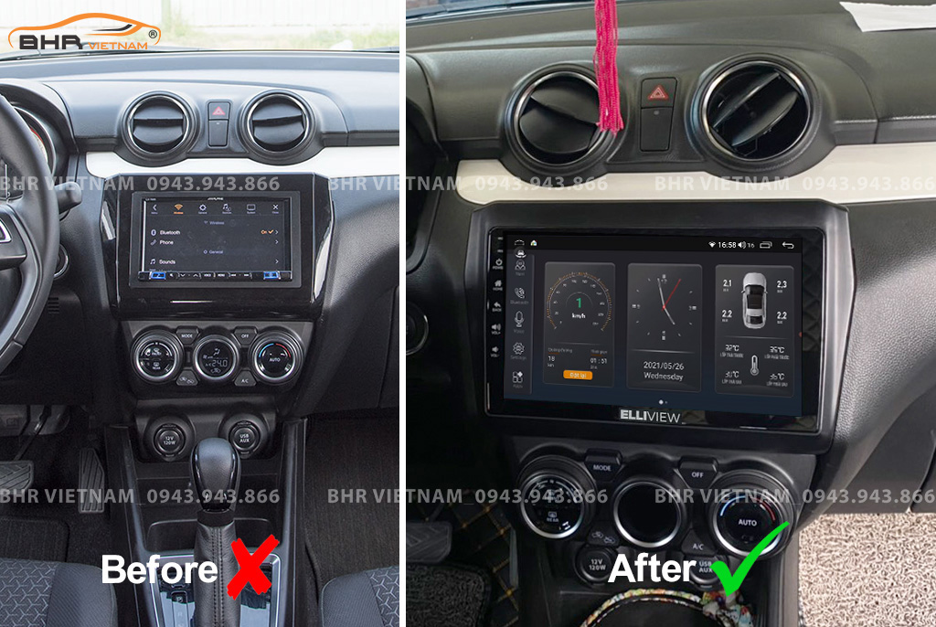 Hình ảnh trước và sau khi lắp màn hình DVD Elliview S4 Deluxe Suzuki Swift 2019 - nay