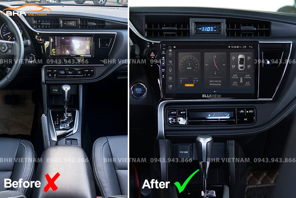 Hình ảnh trước và sau khi lắp màn hình DVD Elliview S4 Deluxe Toyota Altis 2018 - nay