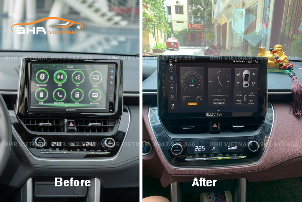 Hình ảnh trước và sau khi lắp màn hình DVD Elliview S4 Deluxe Toyota Cross 2020 - nay