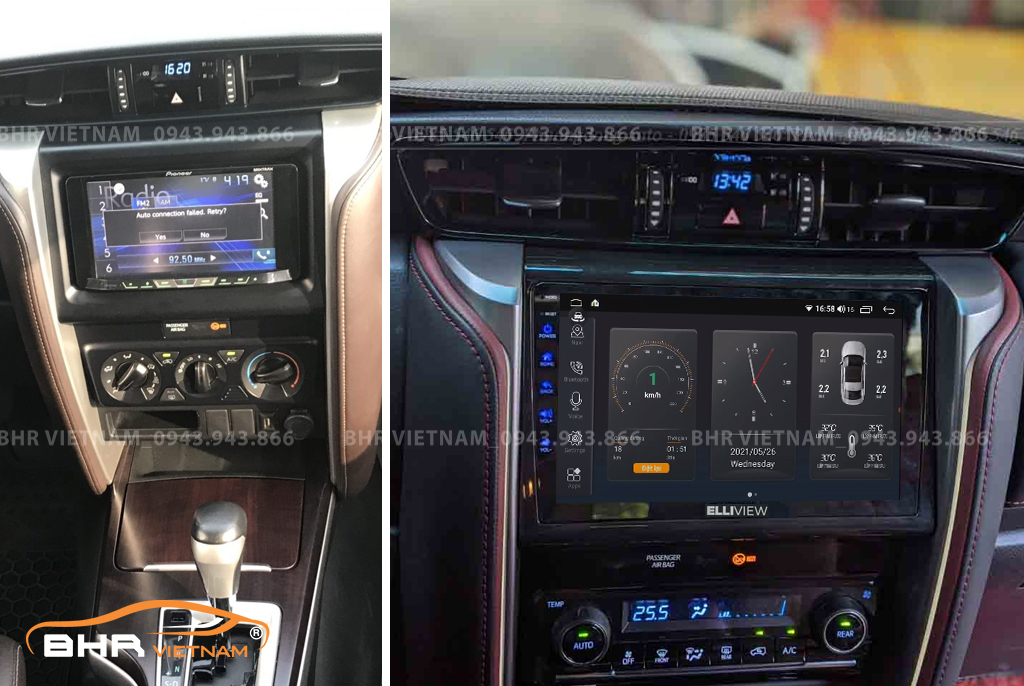 Hình ảnh trước và sau khi lắp màn hình DVD Elliview S4 Deluxe Toyota Fortuner 2017 - nay