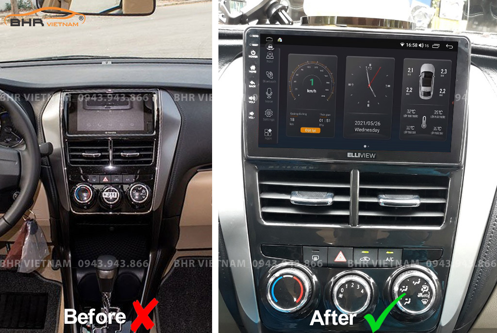 Hình ảnh trước và sau khi lắp màn hình DVD Elliview S4 Deluxe Toyota Yaris 2019 - nay