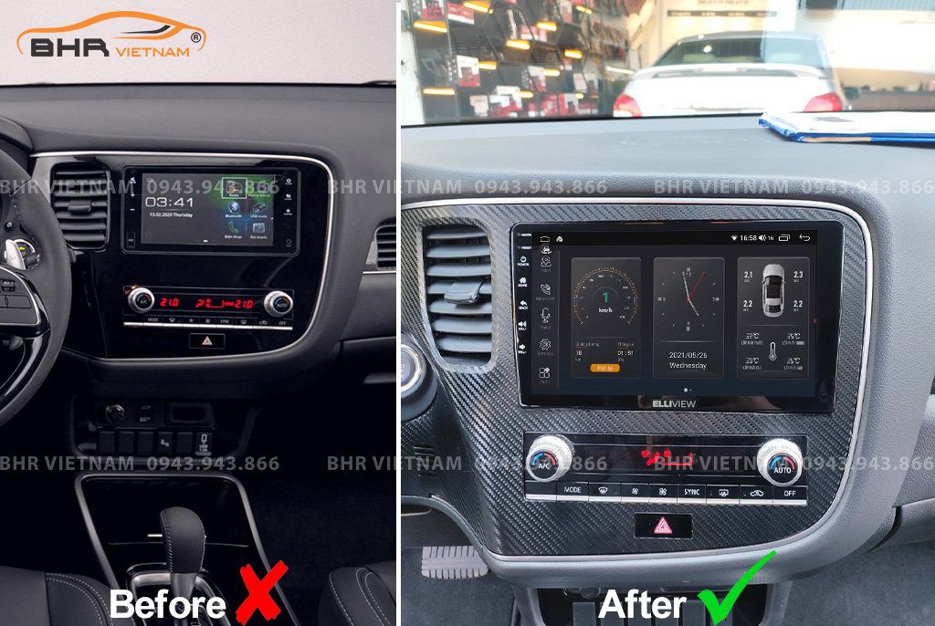 Hình ảnh trước và sau khi lắp màn hình DVD Elliview S4 Luxury Mitsubishi Outlander 2020 - nay