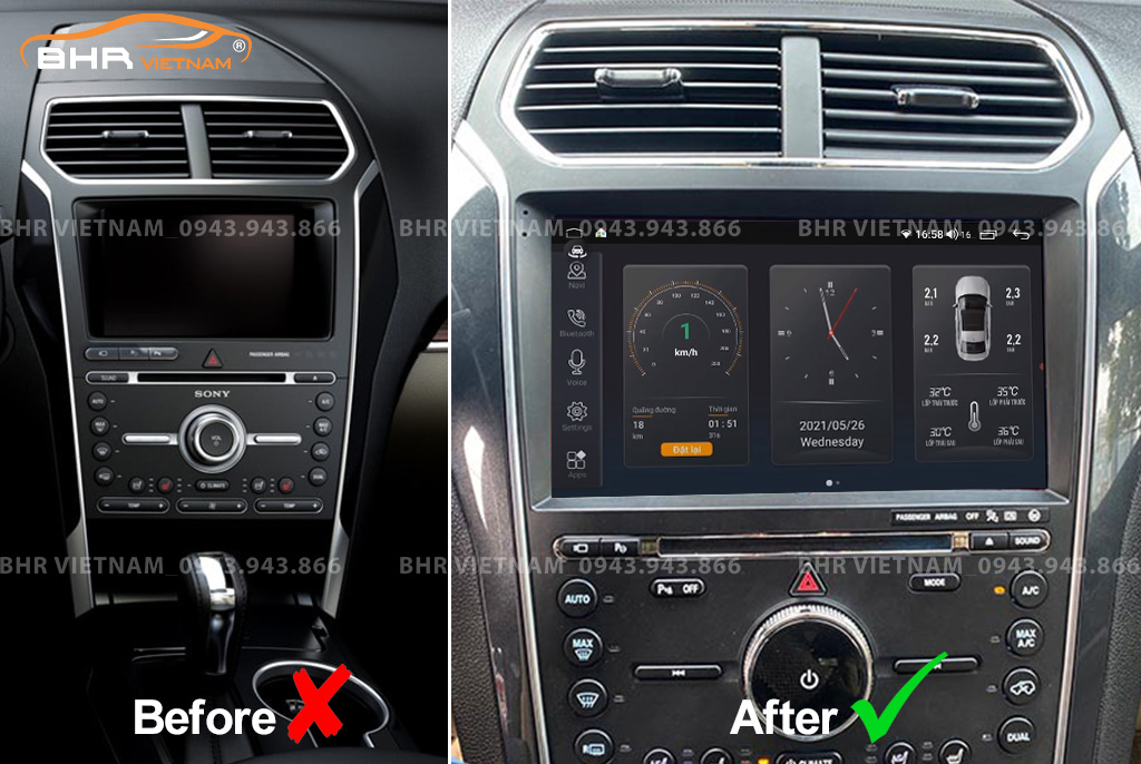 Hình ảnh trước và sau khi lắp màn hình DVD Elliview S4 Premium Ford Explorer 2016 - nay