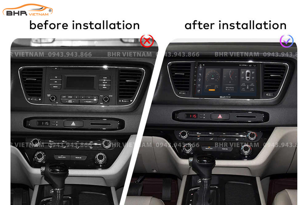 Hình ảnh trước và sau khi lắp màn hình DVD Elliview S4 Premium Kia Sedona 2015 - nay