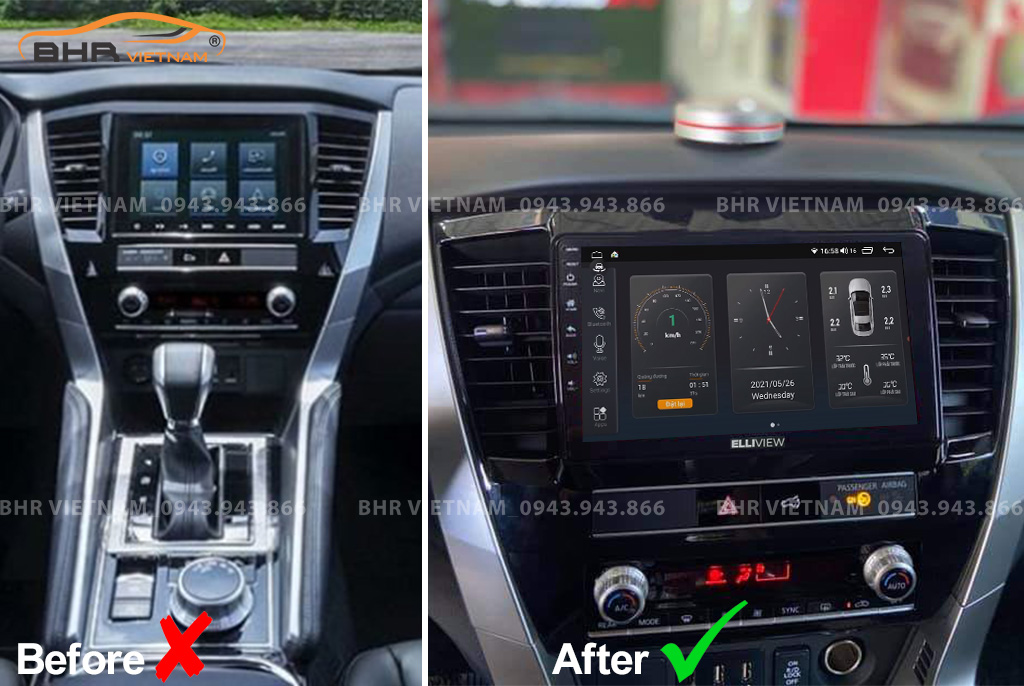 Hình ảnh trước và sau khi lắp màn hình DVD Elliview S4 Premium Mitsubishi Pajero Sport 2018 - nay