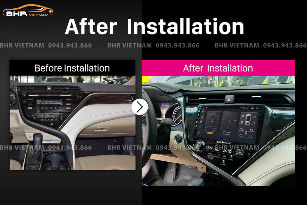 Hình ảnh trước và sau khi lắp màn hình DVD Elliview S4 Premium Toyota Camry 2019 - nay