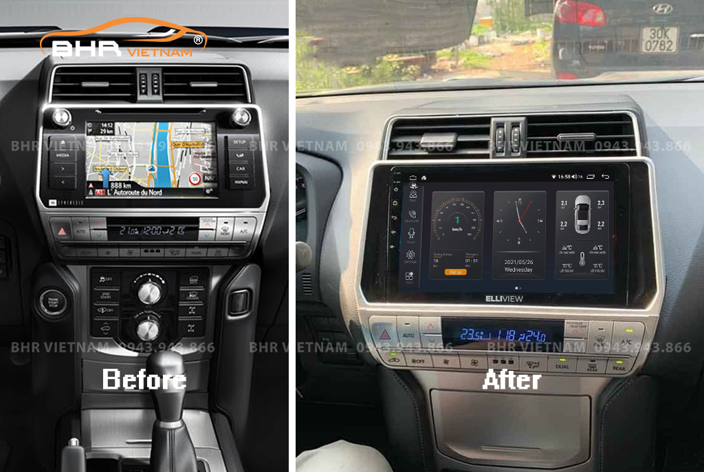 Hình ảnh trước và sau khi lắp màn hình DVD Elliview S4 Premium Toyota Land Cruiser Prado 2017 - nay