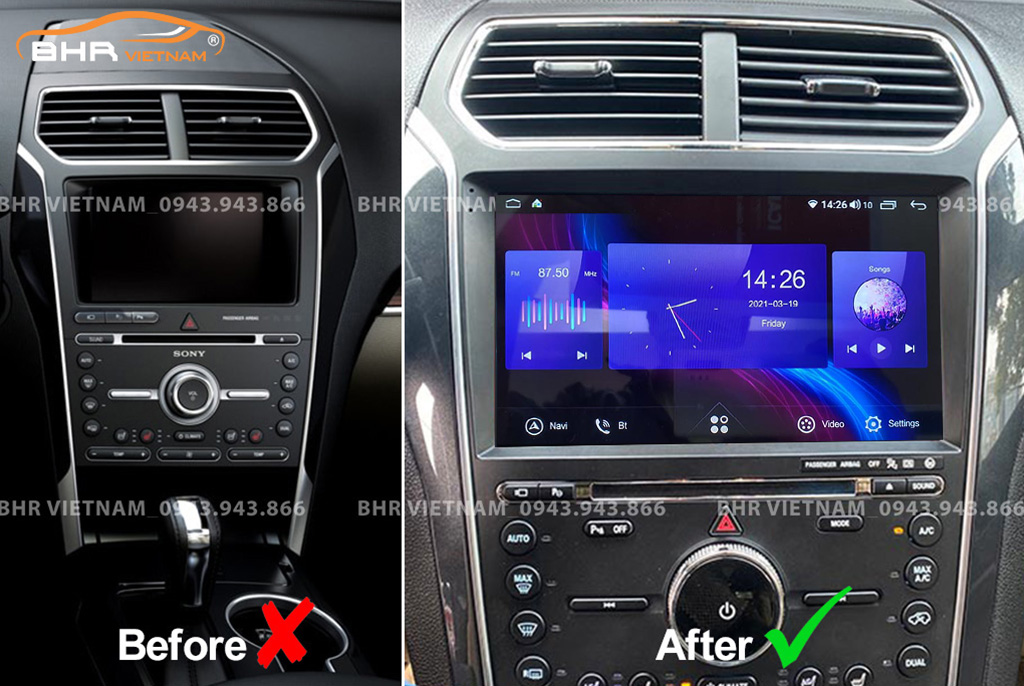 Hình ảnh trước và sau khi lắp Màn hình Android Fujitech 360 Ford Explorer 2016 - nay