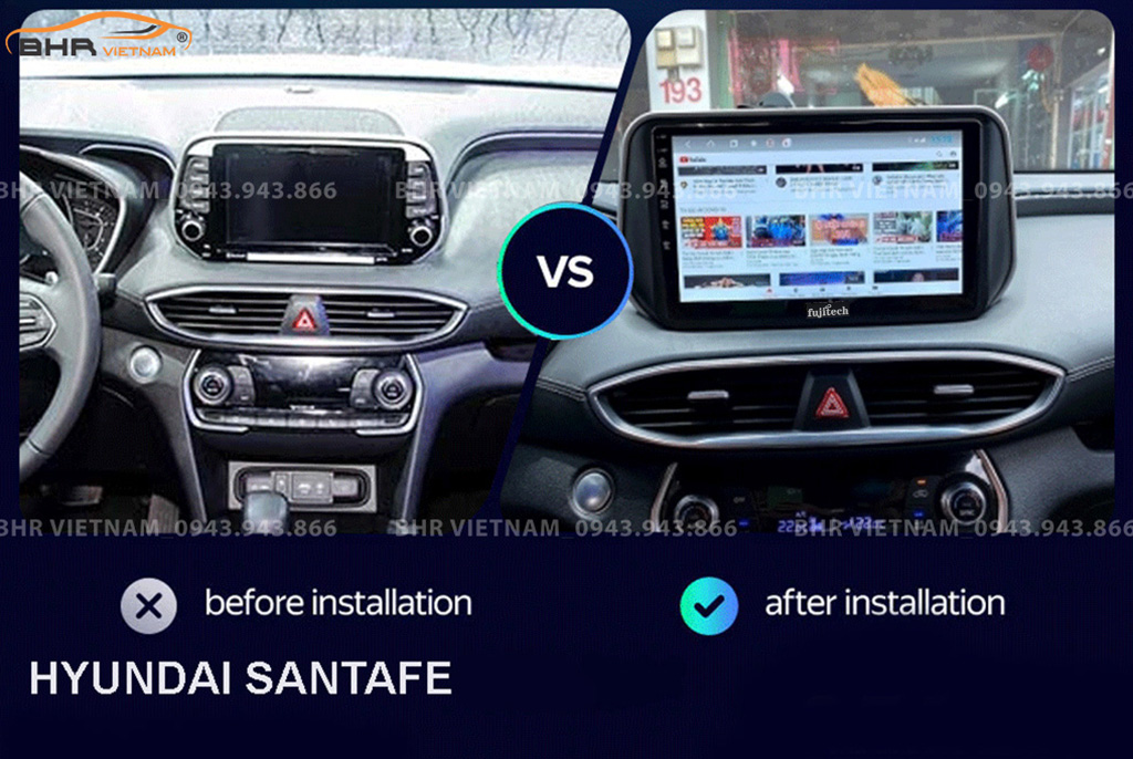 Hình ảnh trước và sau khi lắp Màn hình Android Fujitech 360 Hyundai Santafe 2019 - 2020