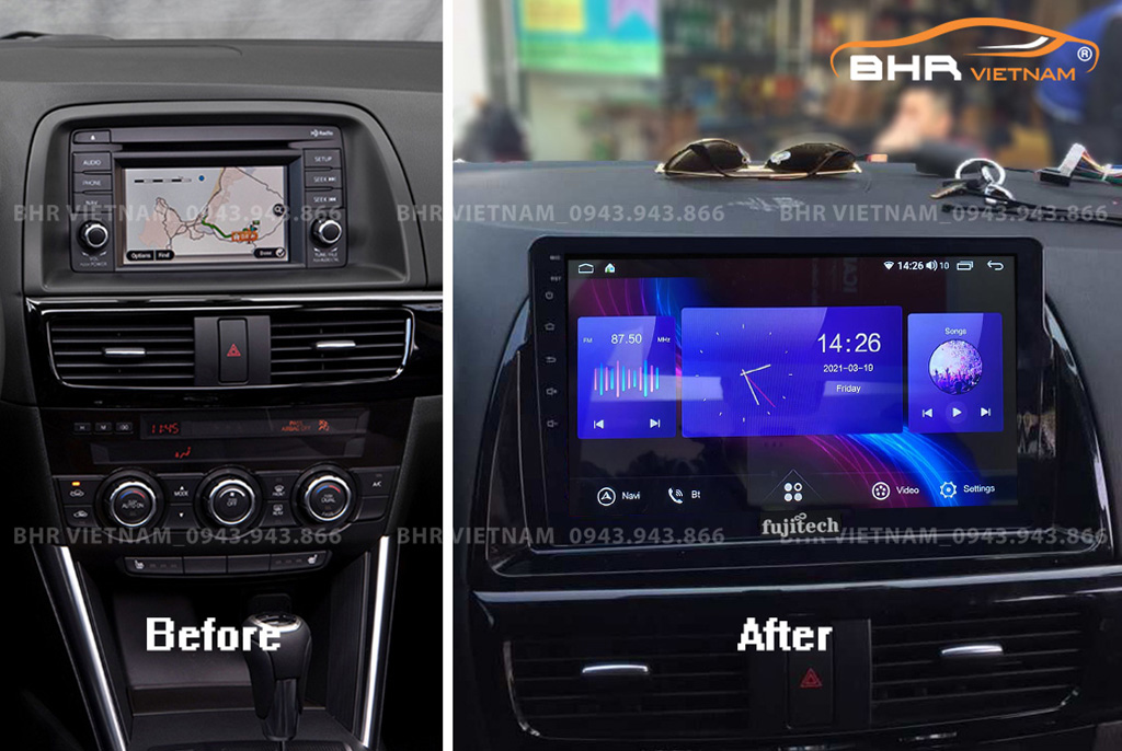 Hình ảnh trước và sau khi lắp Màn hình Android Fujitech 360 Mazda CX5 2013 - 2016