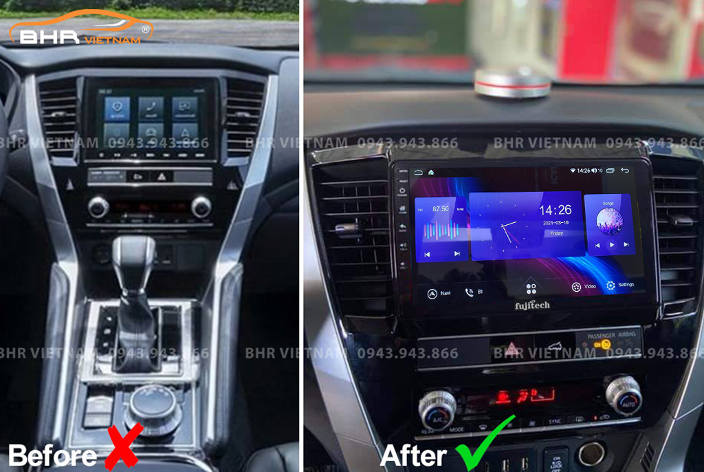 Hình ảnh trước và sau khi lắp Màn hình Android Fujitech 360 Mitsubishi Pajero Sport 2018 - nay