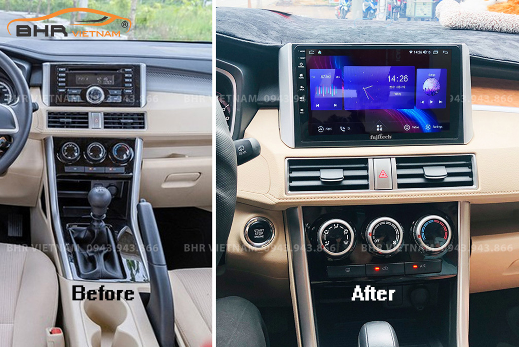 Hình ảnh trước và sau khi lắp Màn hình Android Fujitech 360 Mitsubishi Xpander 2018 - nay