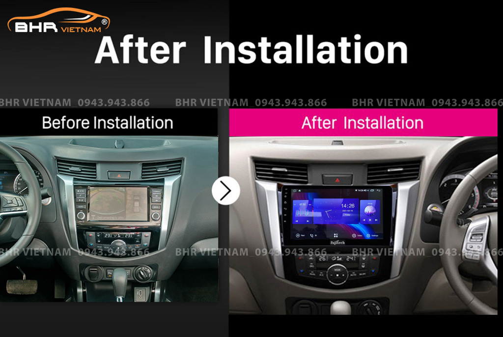Hình ảnh trước và sau khi lắp Màn hình Android Fujitech 360 Nissan Navara 2021 - nay
