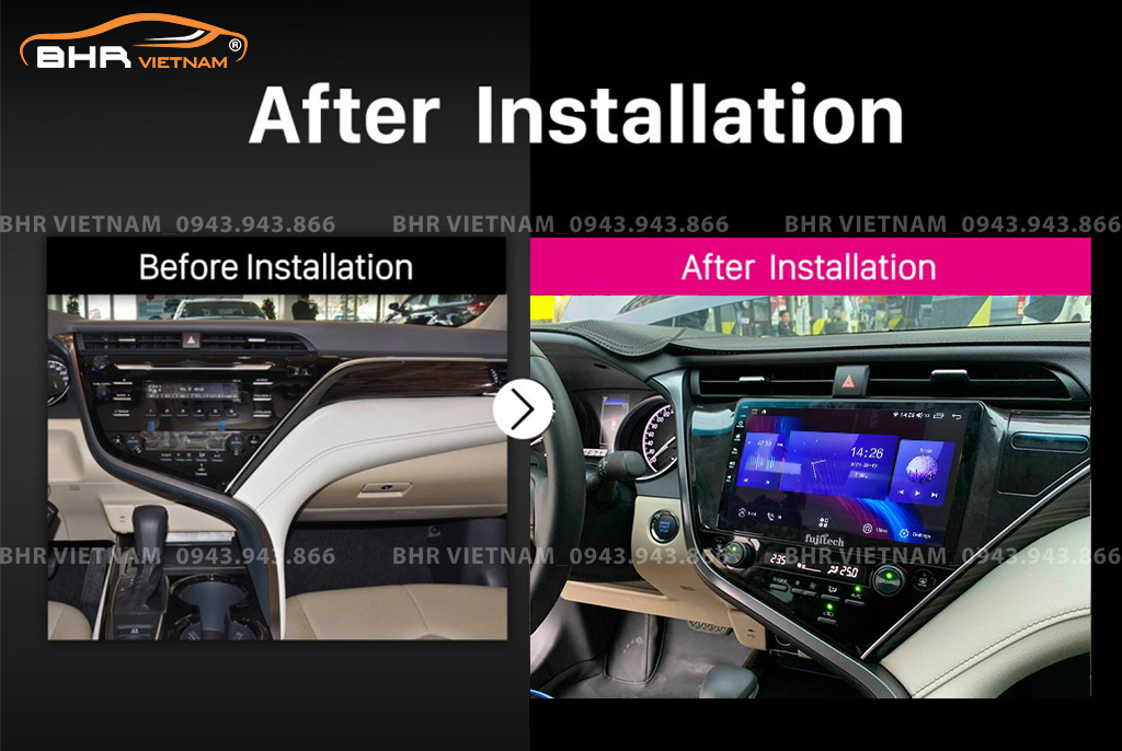 Hình ảnh trước và sau khi lắp Màn hình Android Fujitech 360 Toyota Camry 2020 - nay