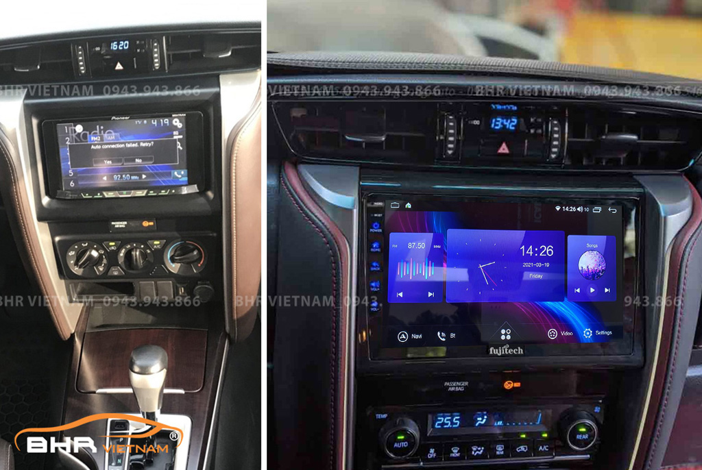 Hình ảnh trước và sau khi lắp Màn hình Android Fujitech 360 Toyota Fortuner 2017 - nay