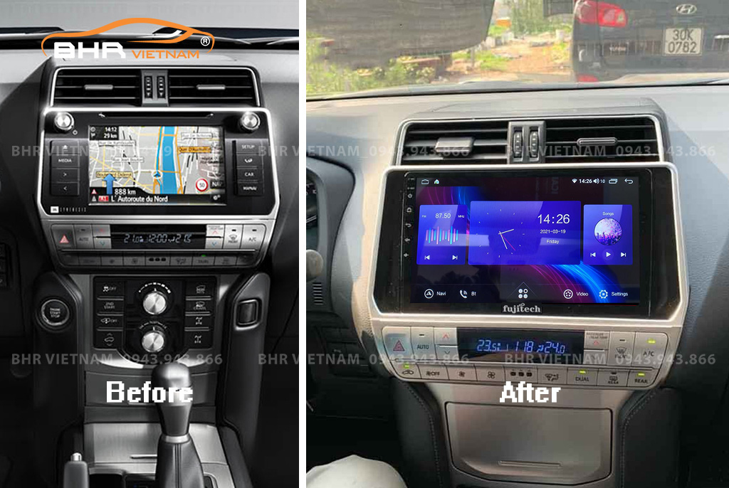 Hình ảnh trước và sau khi lắp Màn hình Android Fujitech 360 Toyota Land Cruiser Prado 2017 - nay