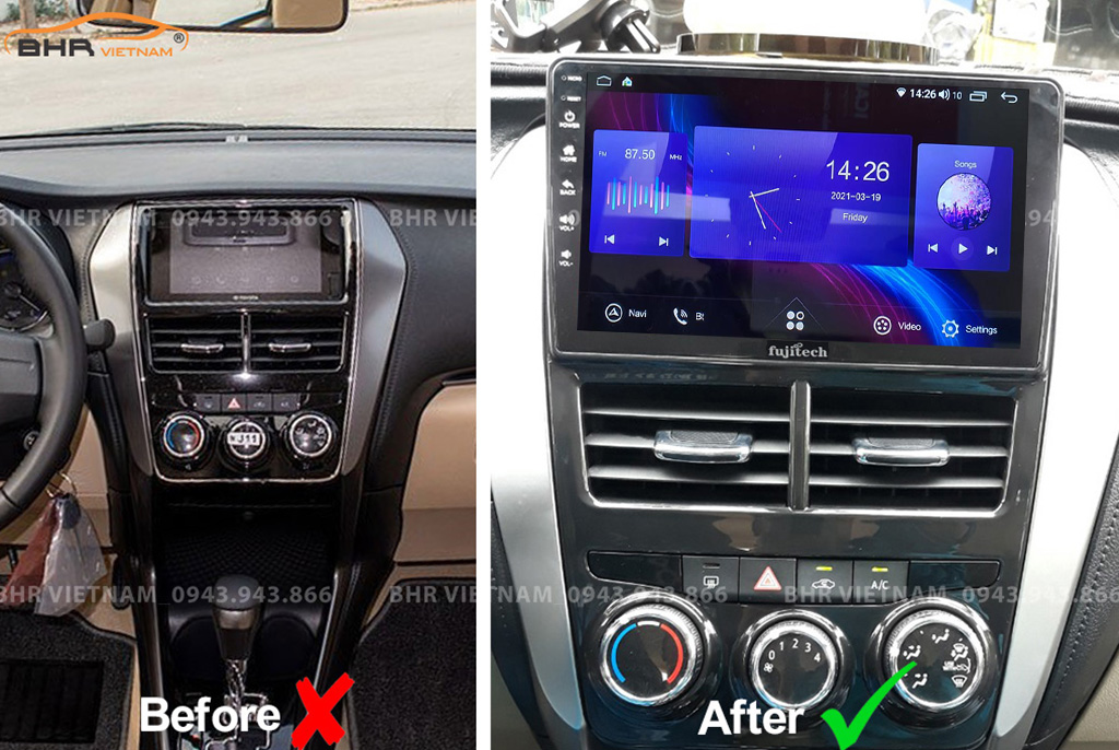 Hình ảnh trước và sau khi lắp Màn hình Android Fujitech 360 Toyota Vios 2019 - nay